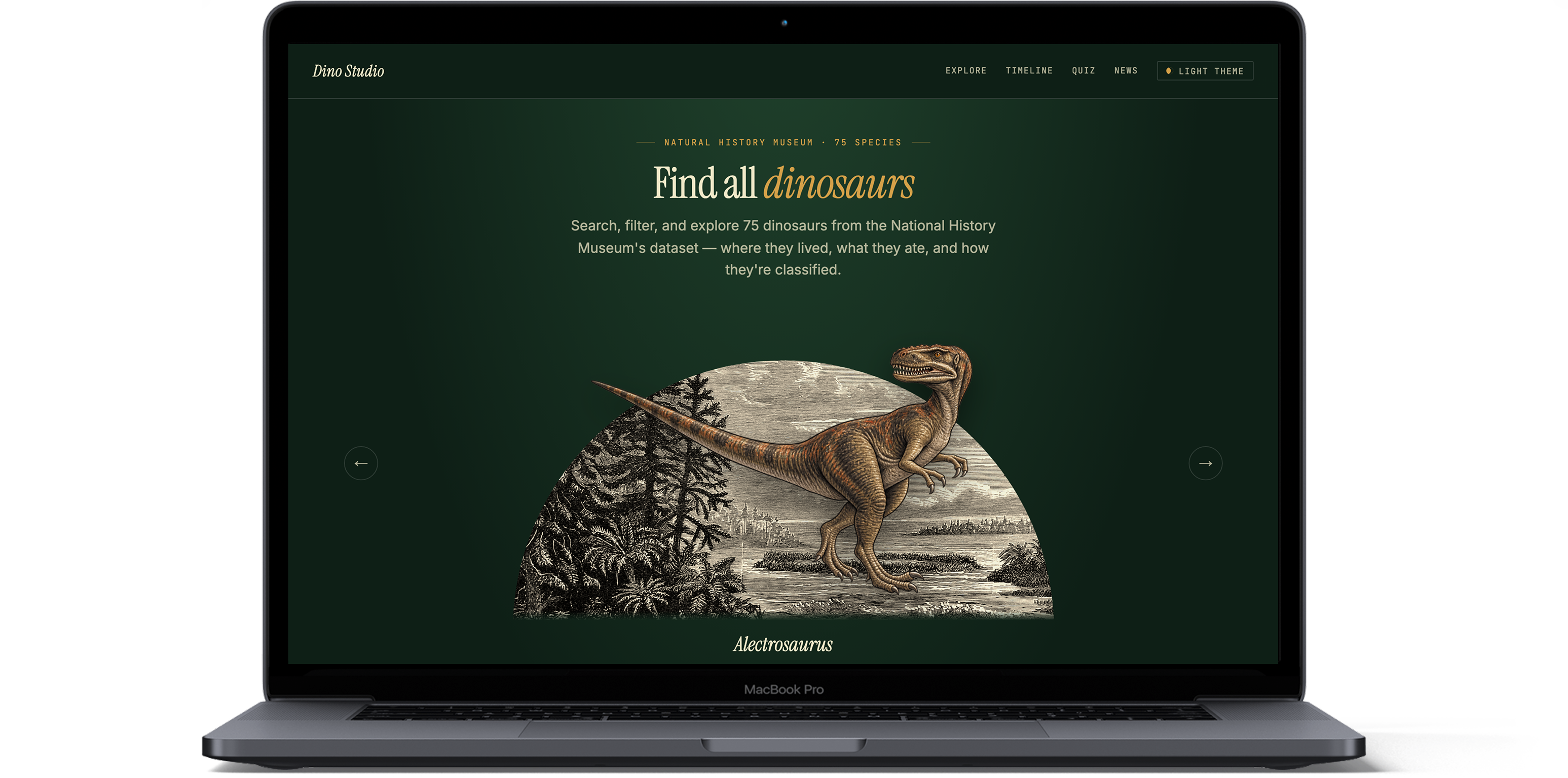 Dino Studio's Find all dinosaurs homepage shown on a MacBook Pro — the hero with a featured dinosaur illustration