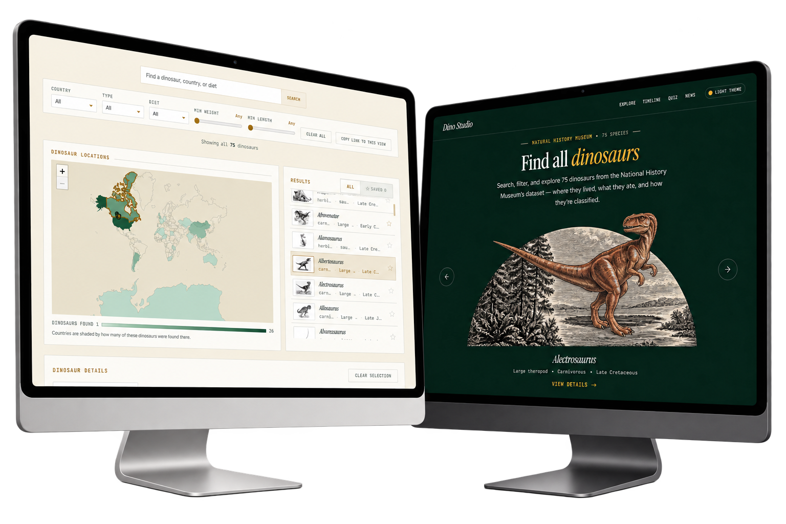 Dino Studio app shown on two desktop displays — the search, map, and results view in light mode beside the homepage in dark mode