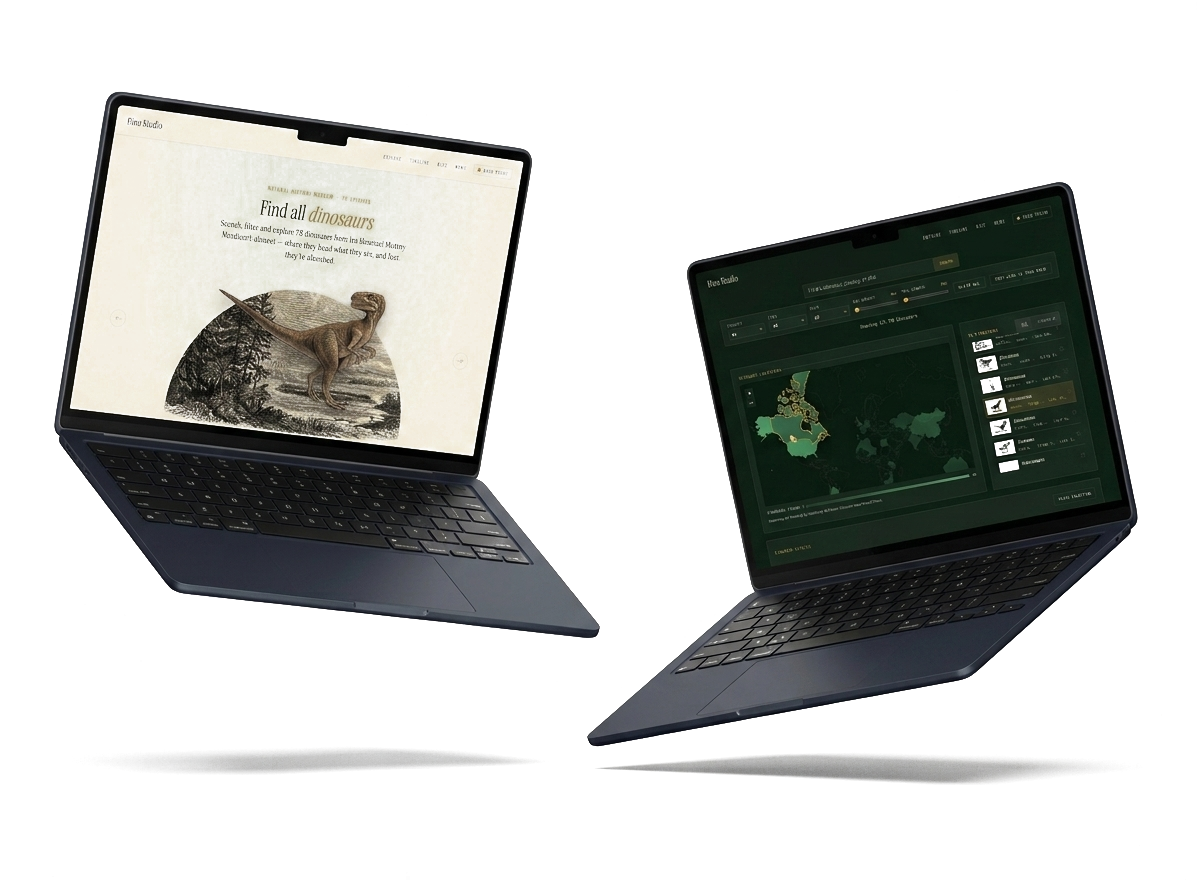 Dino Studio app shown on two floating laptops — the homepage in light mode and the search, map, and results view in dark mode