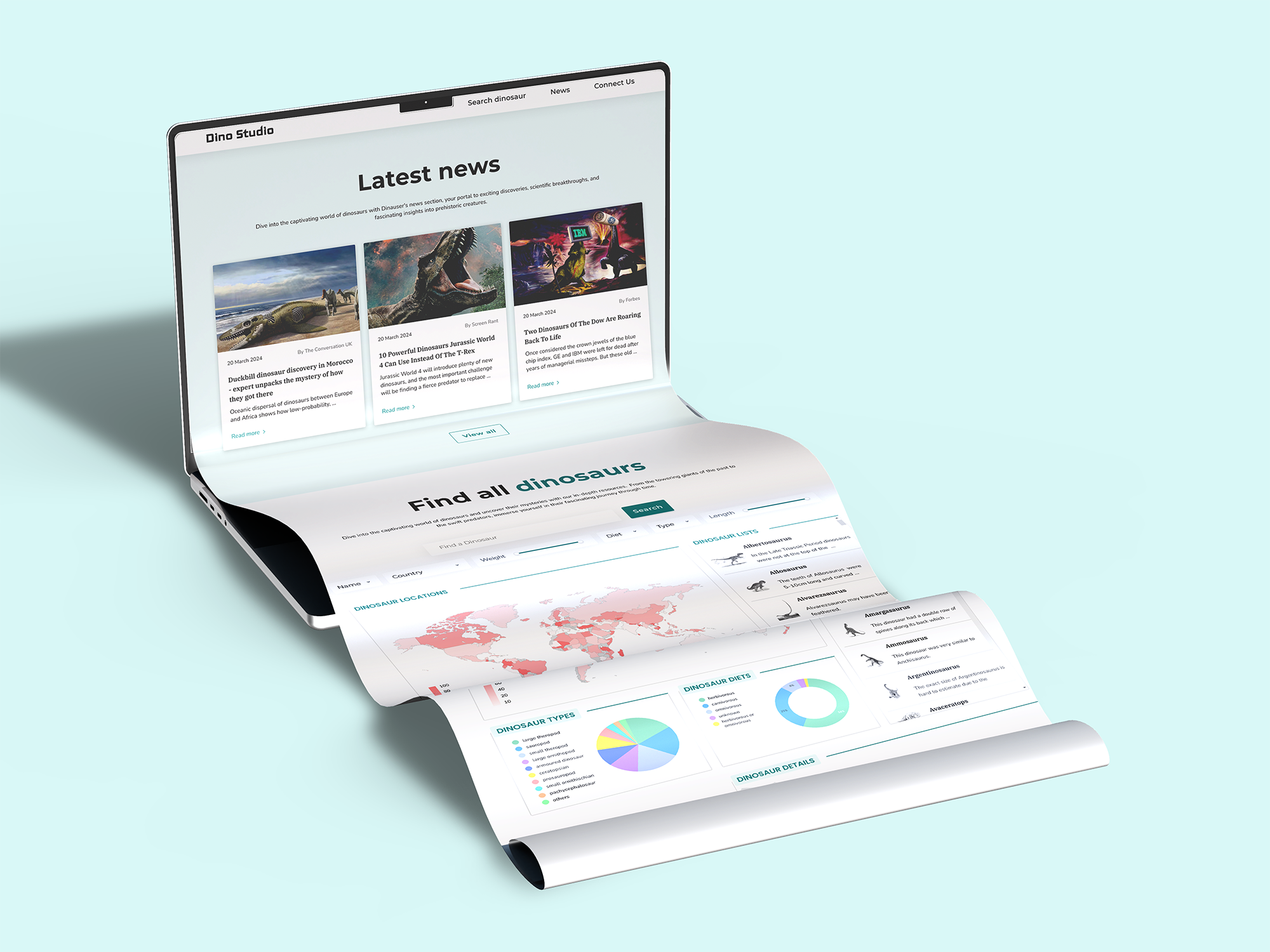 Dino Studio app — Latest news and Find all dinosaurs pages shown on a laptop with a long scrolling page