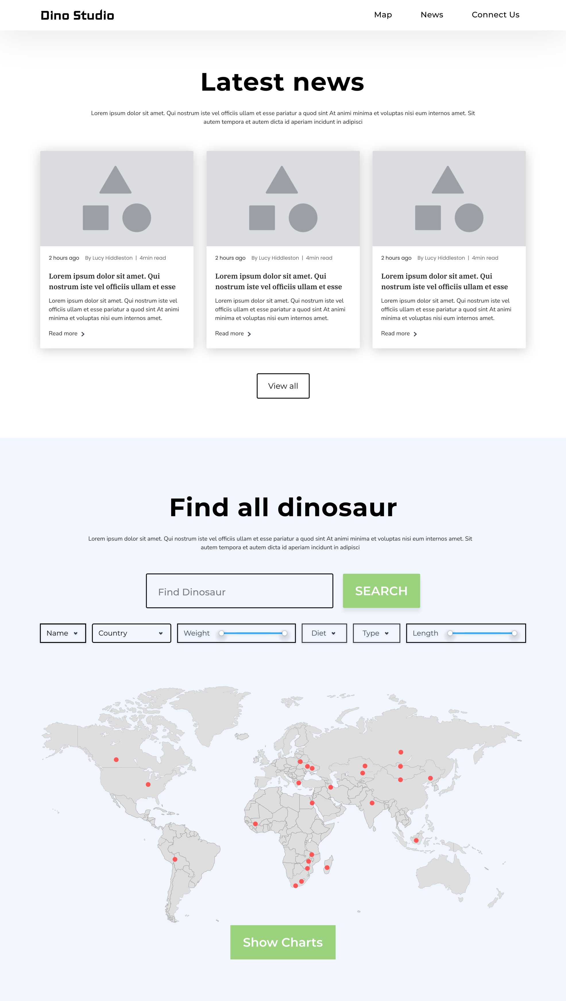 Second-round usability testing wireframe of the homepage, map, and search flows