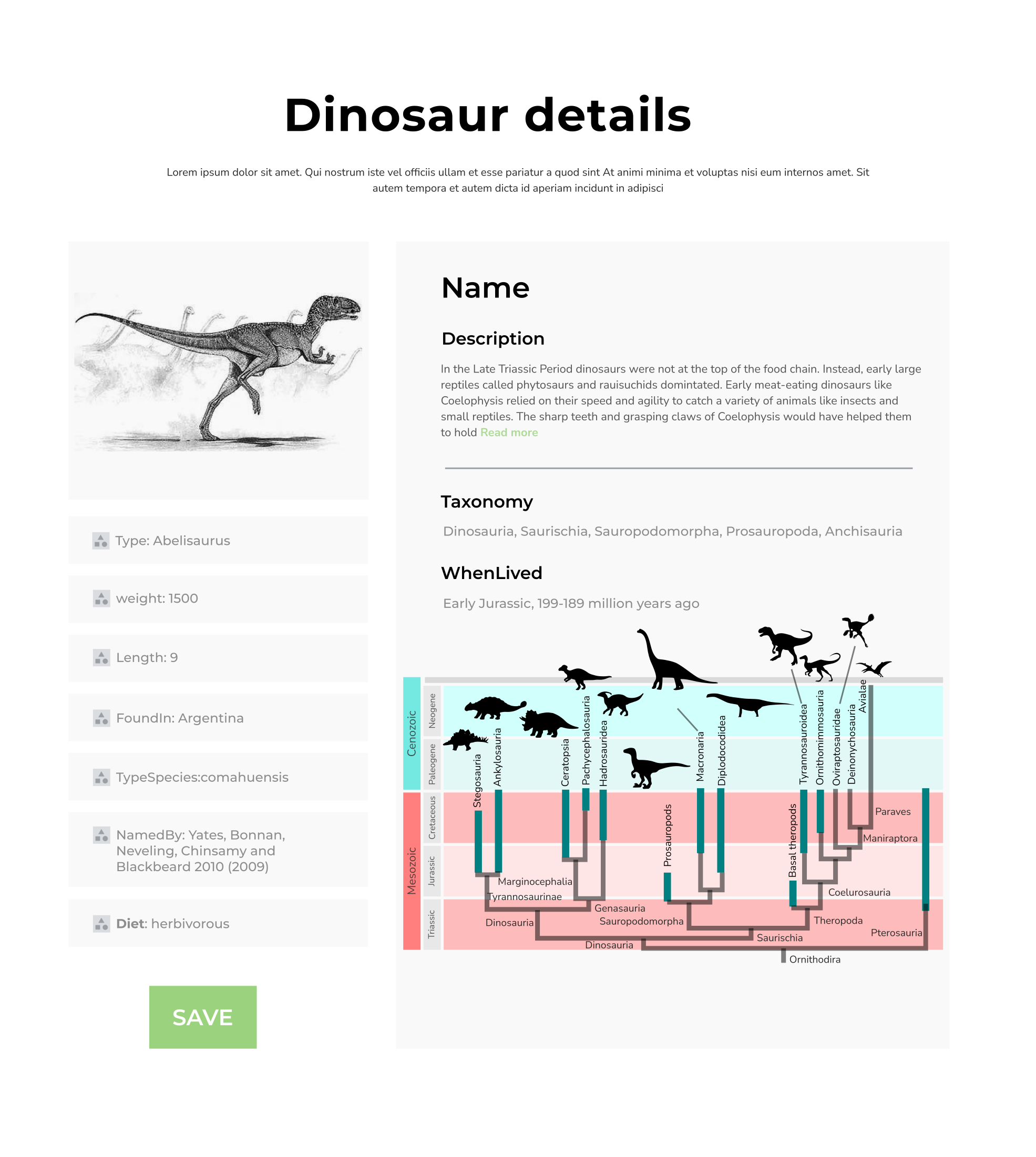 Dinosaur detail page wireframe showing the taxonomy tree and detail panel layout