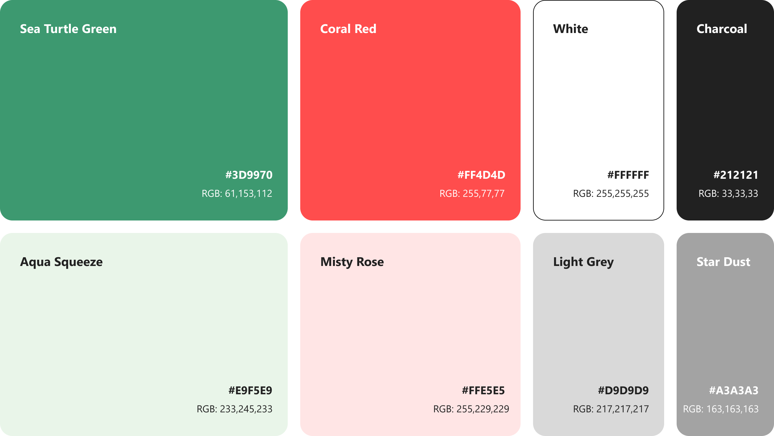 Homelon colour palette: Sea Turtle Green, Coral Red, white, and charcoal as primary colours, with Aqua Squeeze, Misty Rose, light grey, and star dust as supporting tints