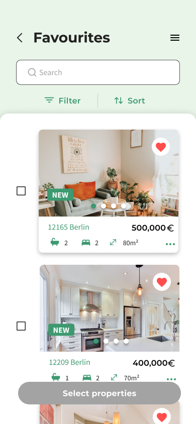 Homelon favourites screen in multi-select mode, no properties chosen yet