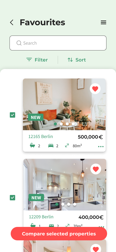 Homelon favourites screen with two properties selected, ready to compare