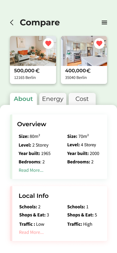 Homelon comparison screen showing two properties side by side across size, build year, bedrooms, schools, shops, and traffic