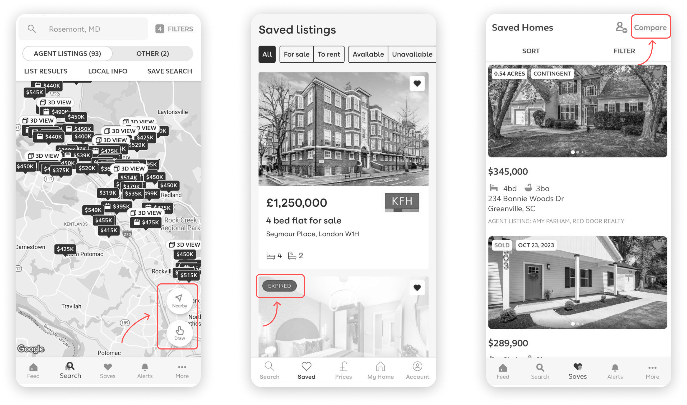 Annotated audit of Trulia, a saved-listings app, and a saved-homes app, highlighting map filters, save/compare affordances, and listing card patterns