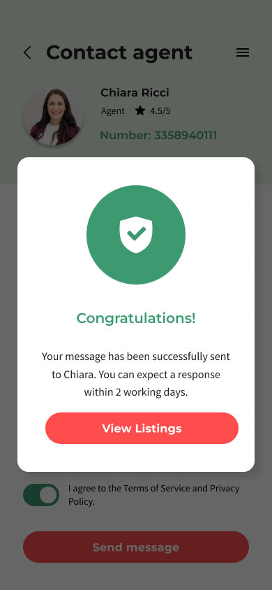 Homelon confirmation screen after sending a message