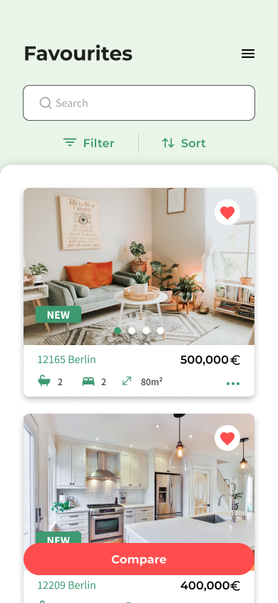 Homelon favourites screen with saved listings
