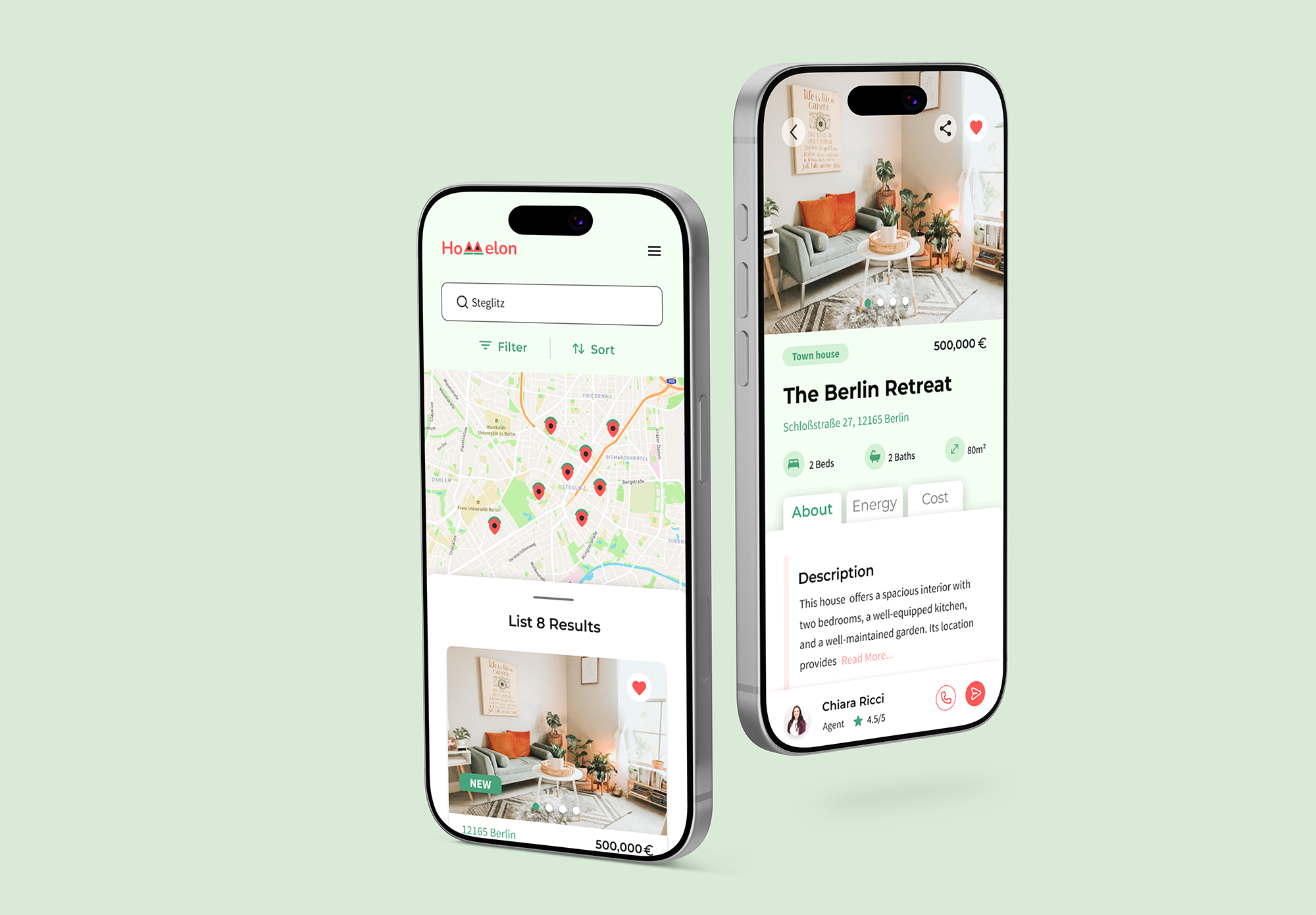 Homelon shown on two iPhones — a property detail for The Berlin Retreat and the map search results screen