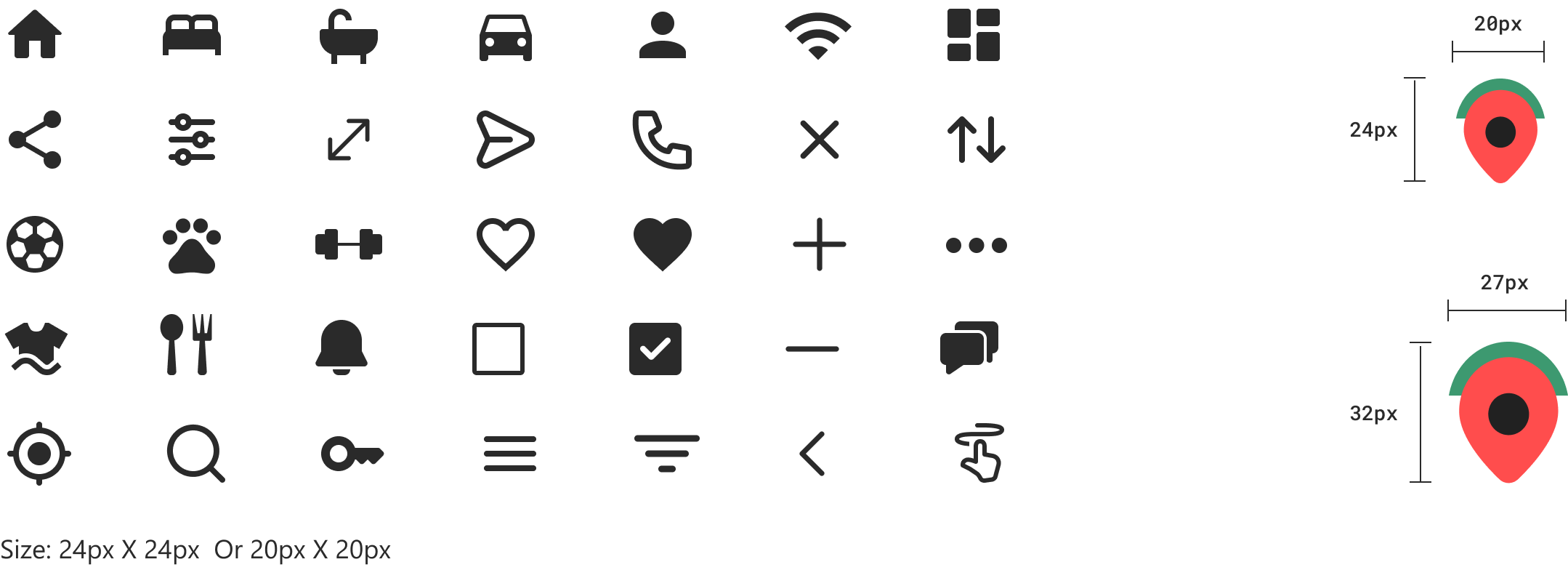Homelon icon set at 24px and 20px, rounded corners throughout, with a coral and green location pin at 24px and 32px