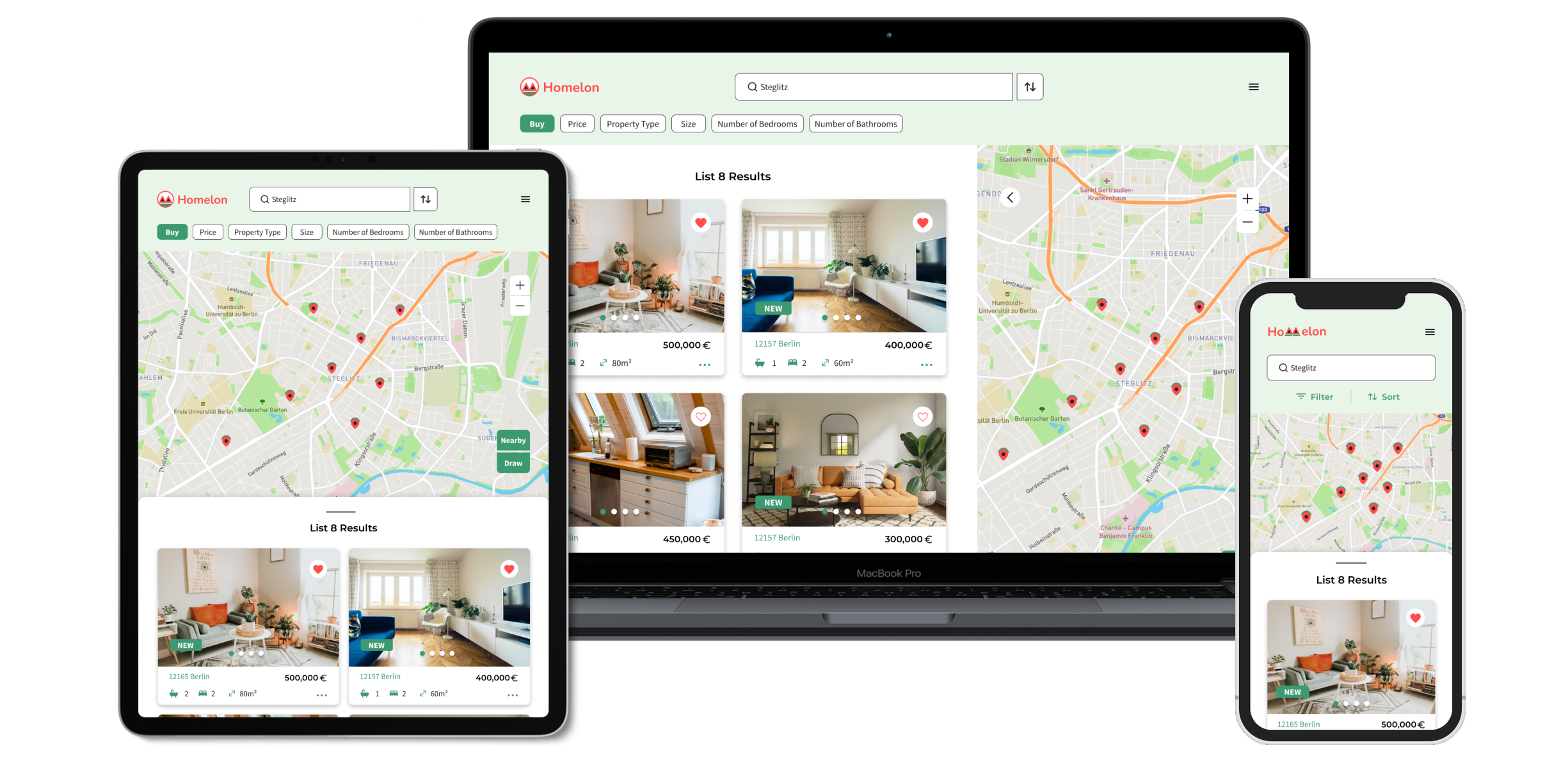 Homelon search and map screens shown on laptop, tablet, and iPhone
