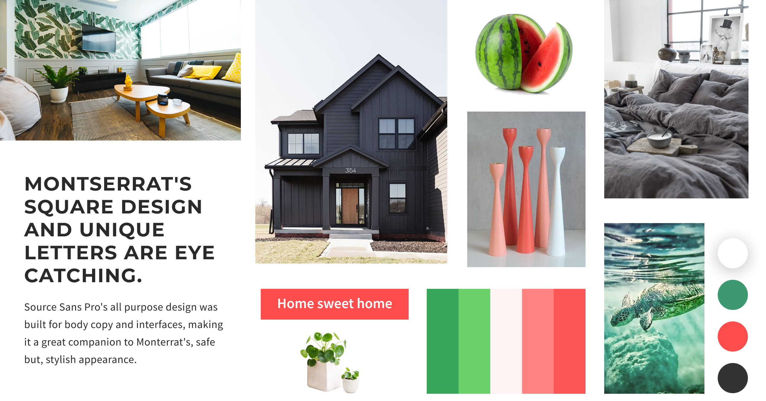 Homelon moodboard — watermelon-inspired imagery pairing coral red, sea turtle green, and charcoal with natural, homely photography