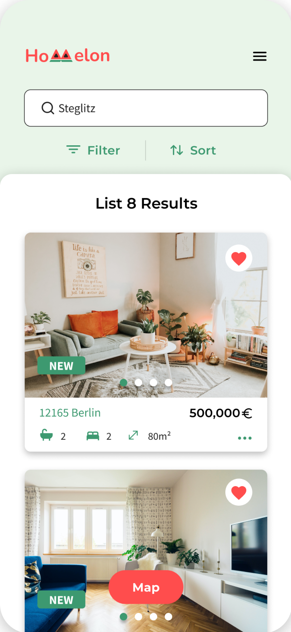 Homelon search results screen listing properties