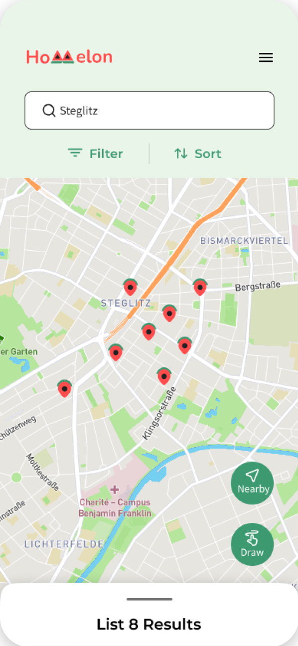 Homelon search screen showing a wider map view with listing pins