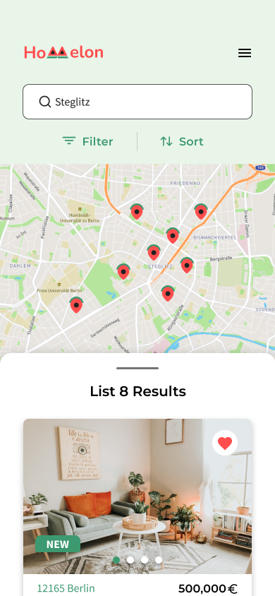 Homelon search screen with listings and map