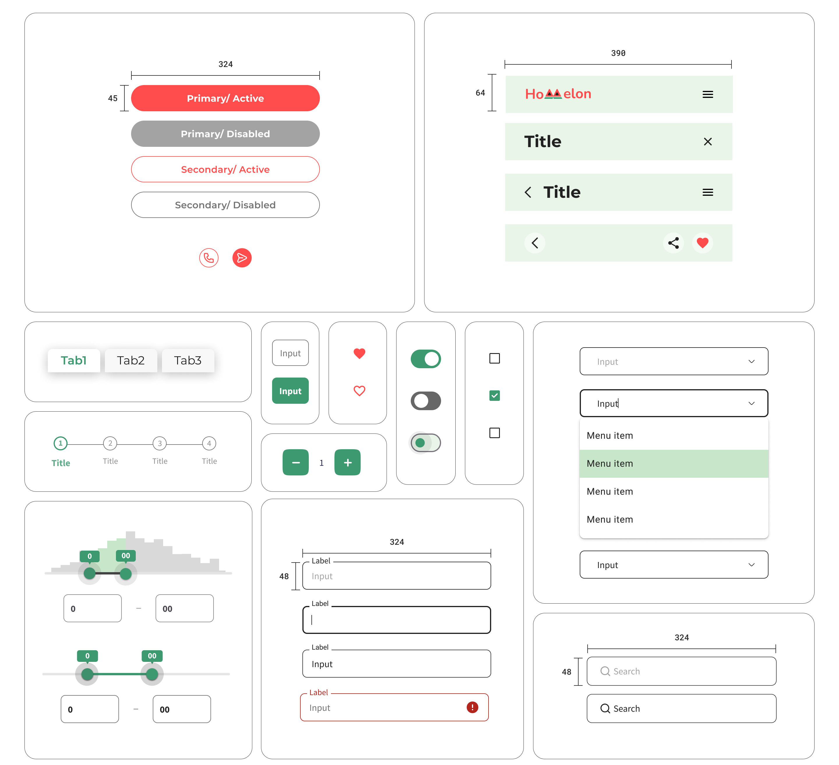 Homelon UI kit — buttons, top bars, tabs, steppers, toggles, checkboxes, range sliders, inputs, dropdowns, and search bars, all sharing rounded corners