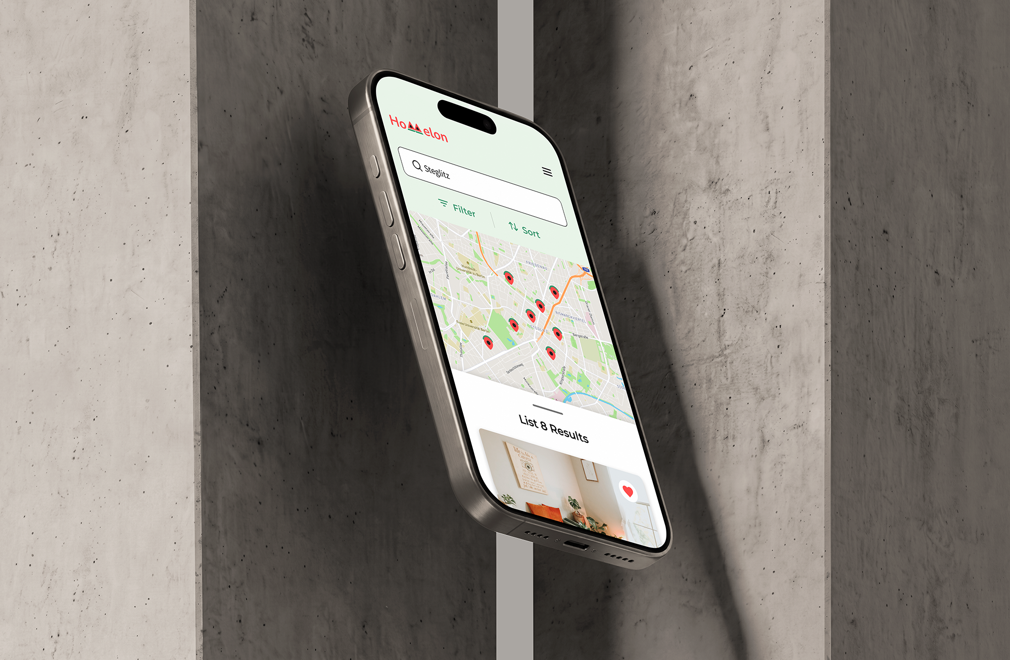 Homelon map search shown on an iPhone