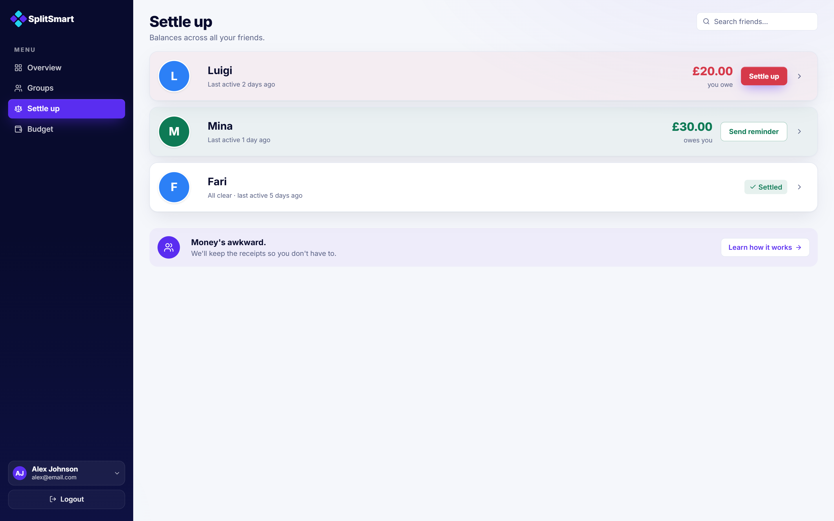 Per-person balances screen — each person carries one balance consolidated across all shared groups: what you owe or are owed, with settle up or send reminder inline, and settled people marked all clear