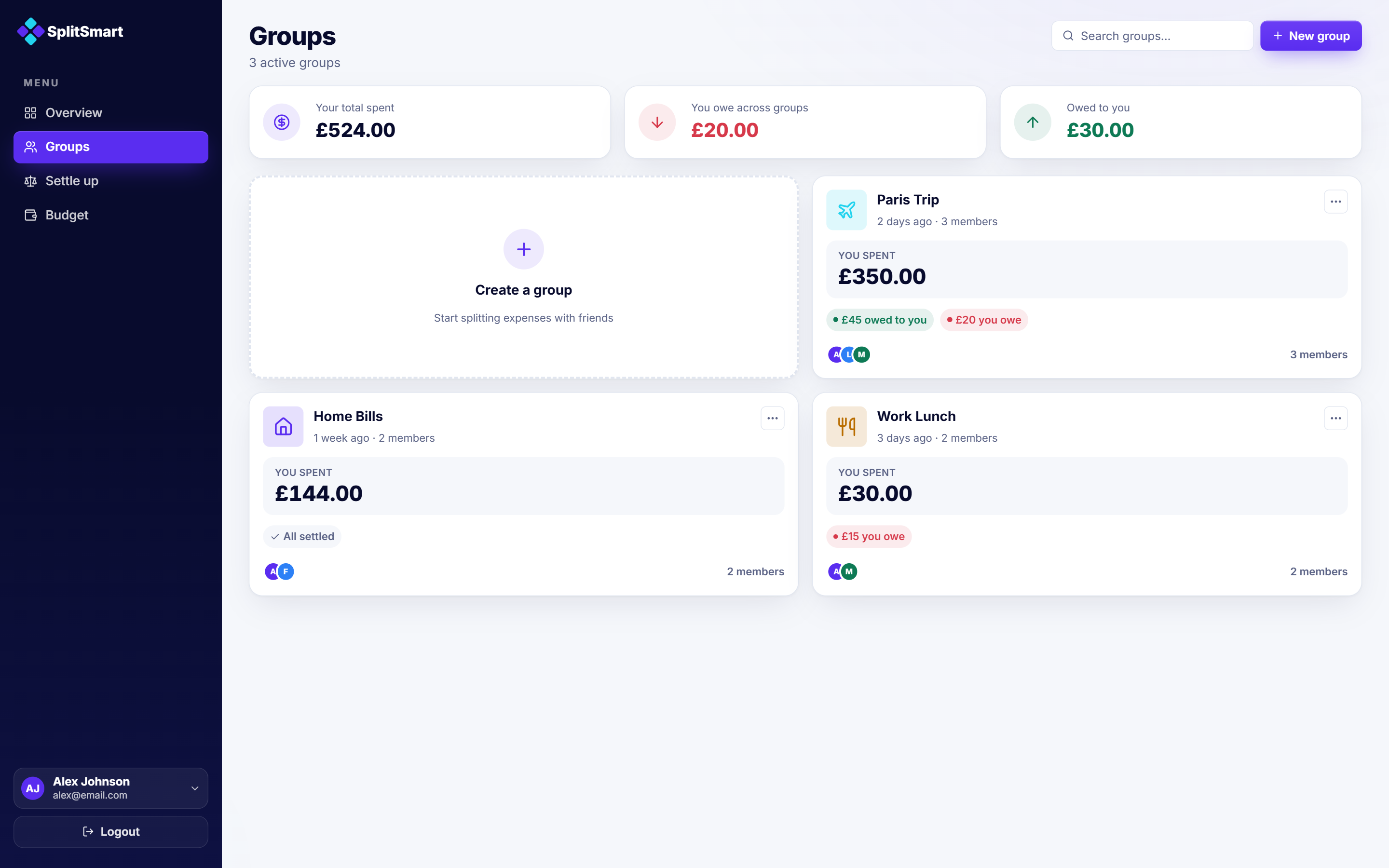 Groups screen — each group card leads with budget remaining, alongside total spent and members