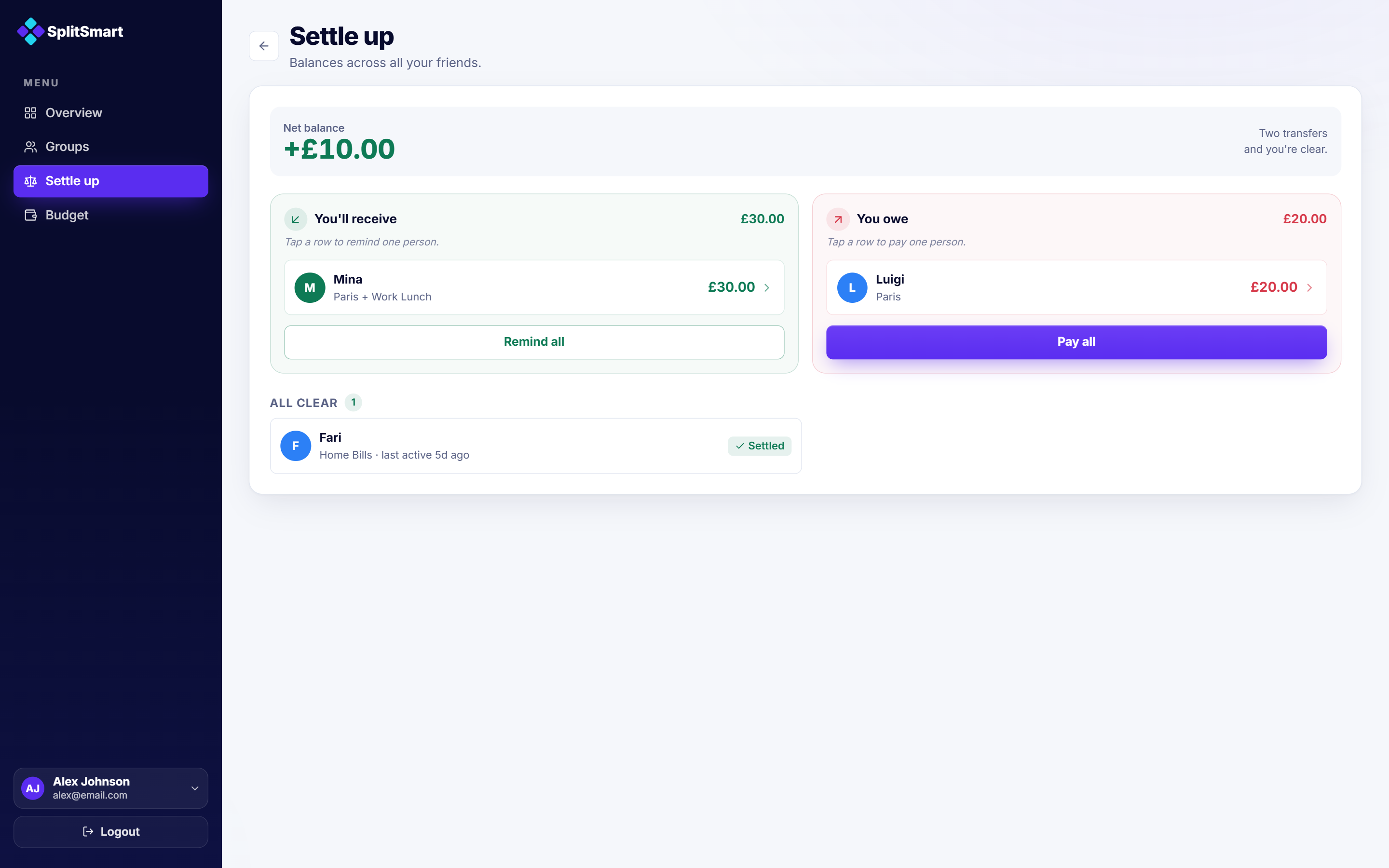 Redesigned Settle up screen — net balance with amounts to receive and amounts owed consolidated by person across groups, Remind all and Pay all to clear everything in the minimum number of transfers, and an all-clear list of settled people