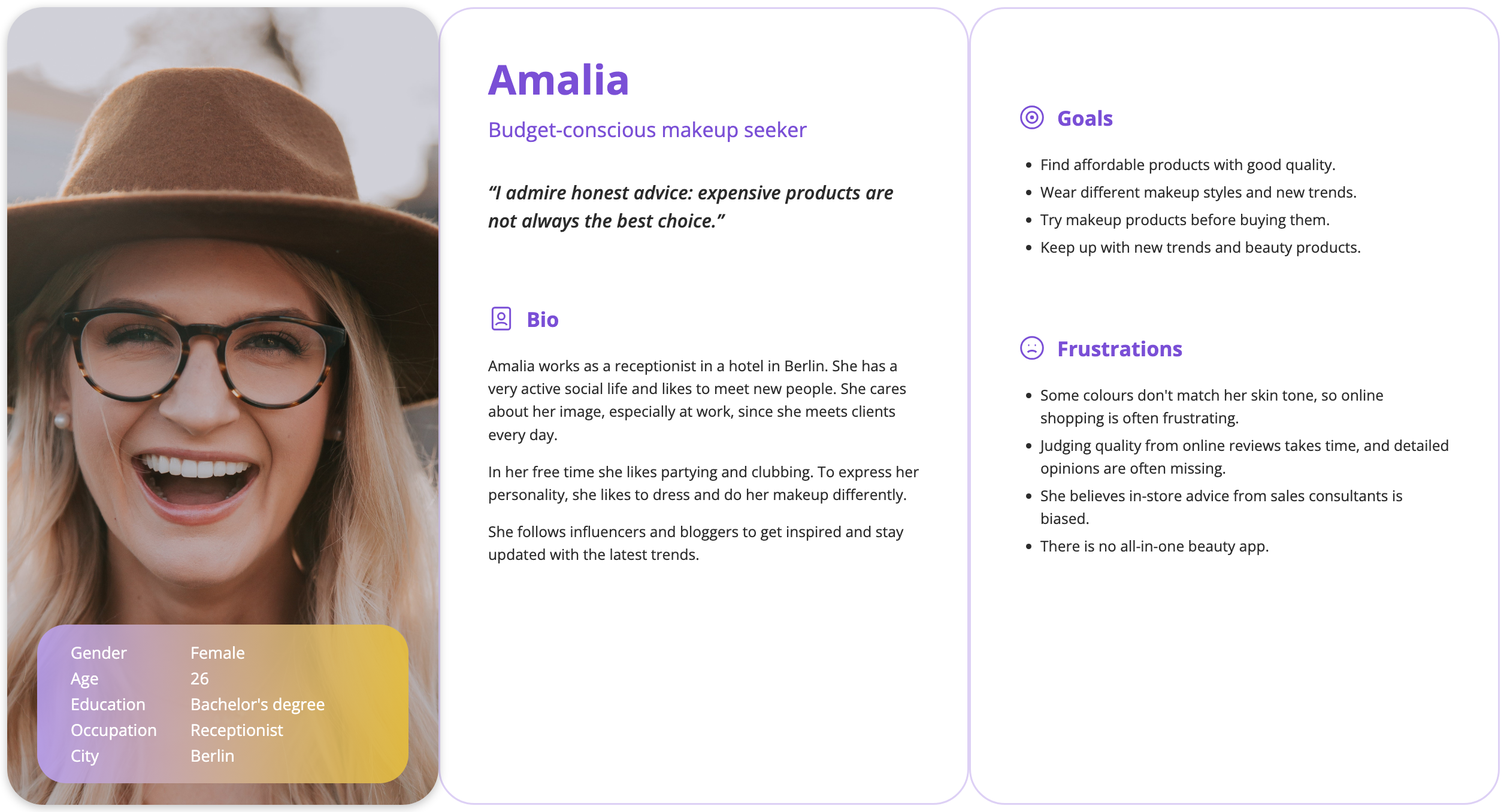 Persona sheet for Amalia, budget-conscious makeup seeker