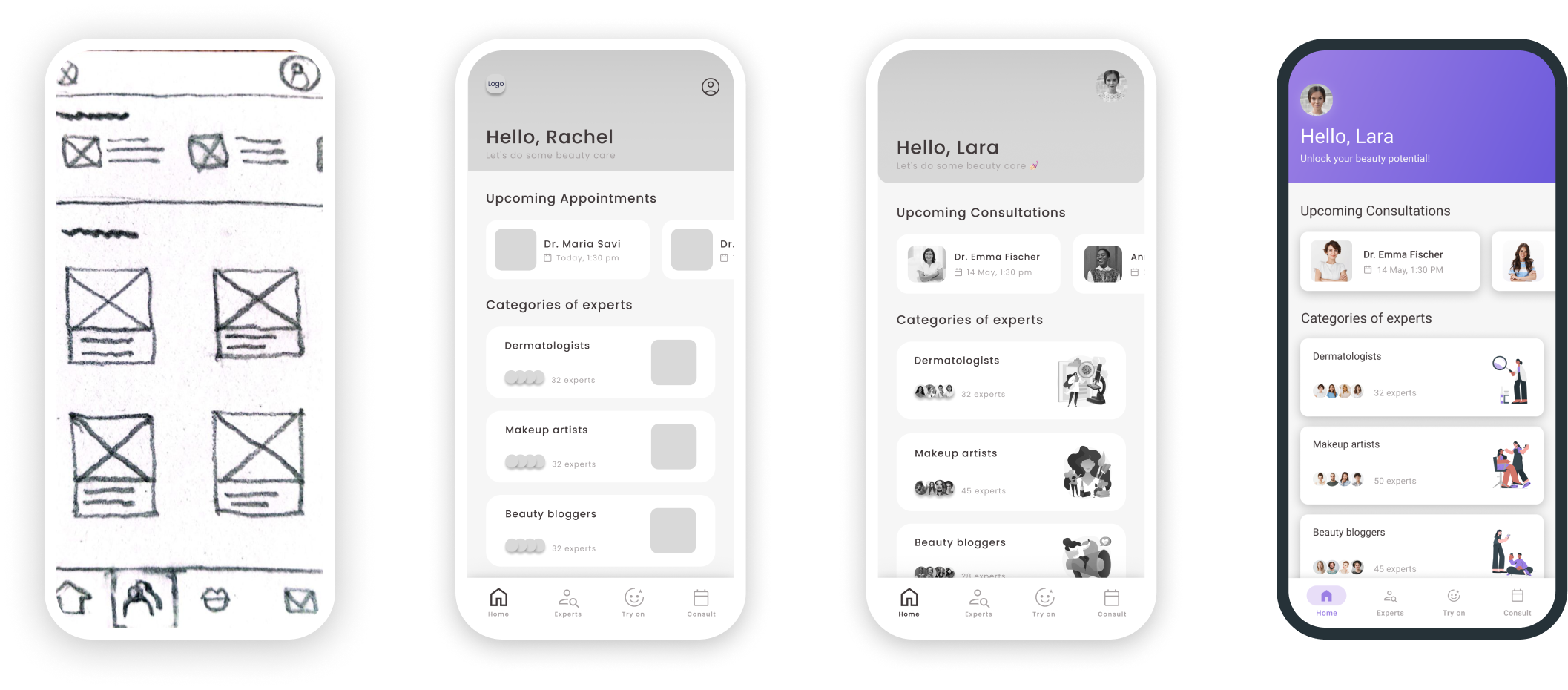 Home screen evolving from sketch to low-fidelity, mid-fidelity and high-fidelity