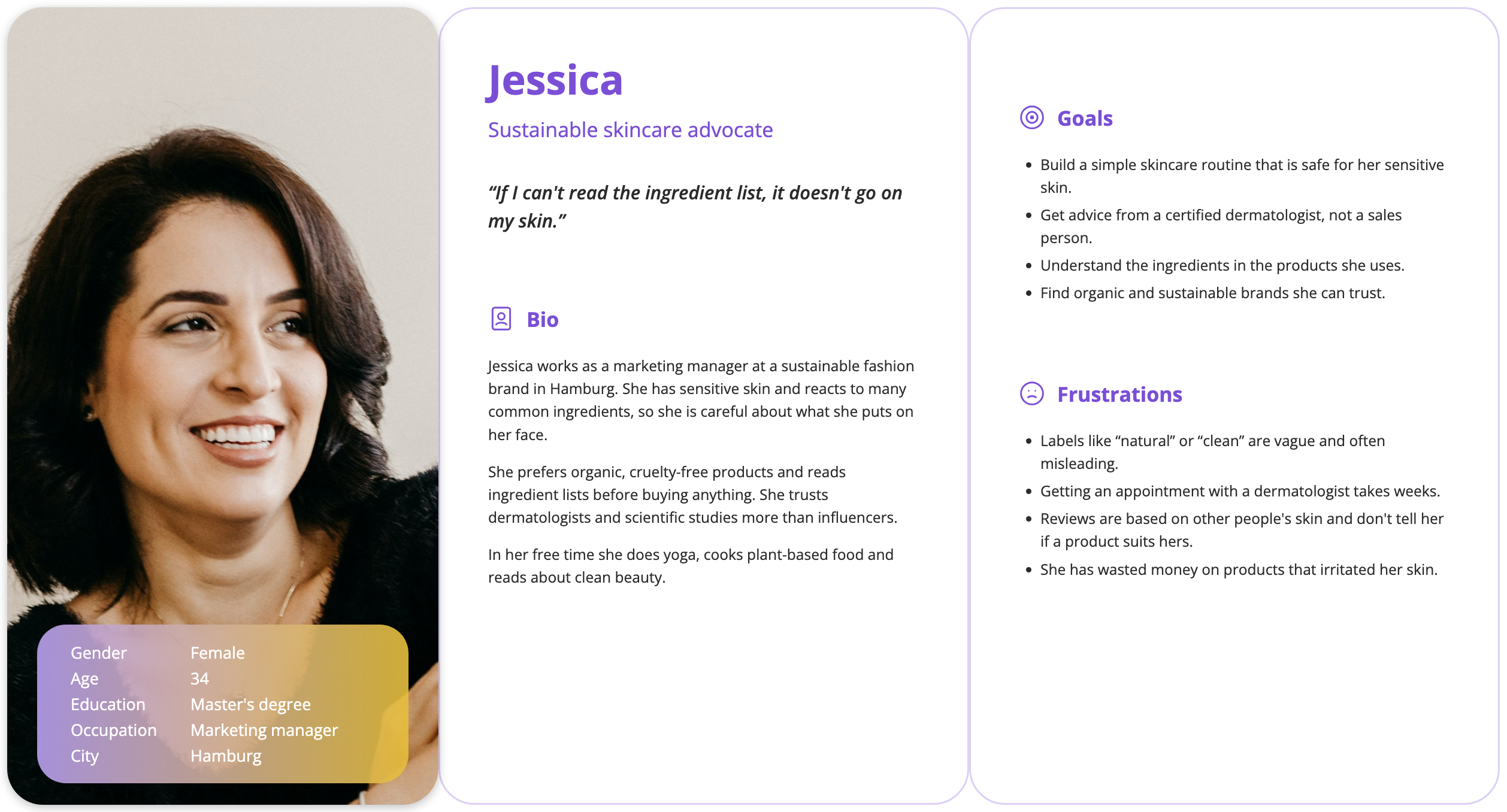 Persona sheet for Jessica, sustainable skincare advocate