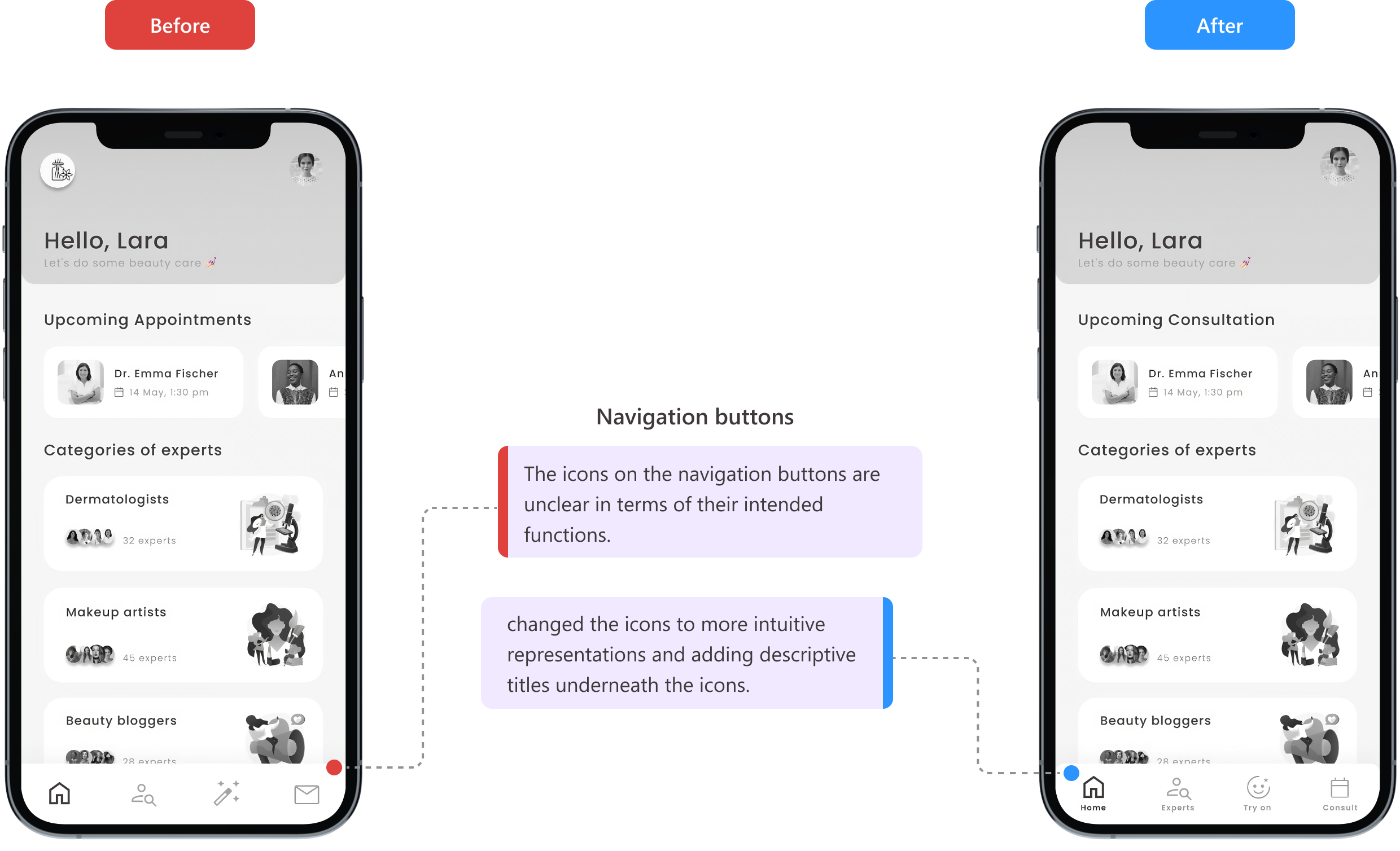 Before and after: unclear navigation icons replaced with clearer icons and labels
