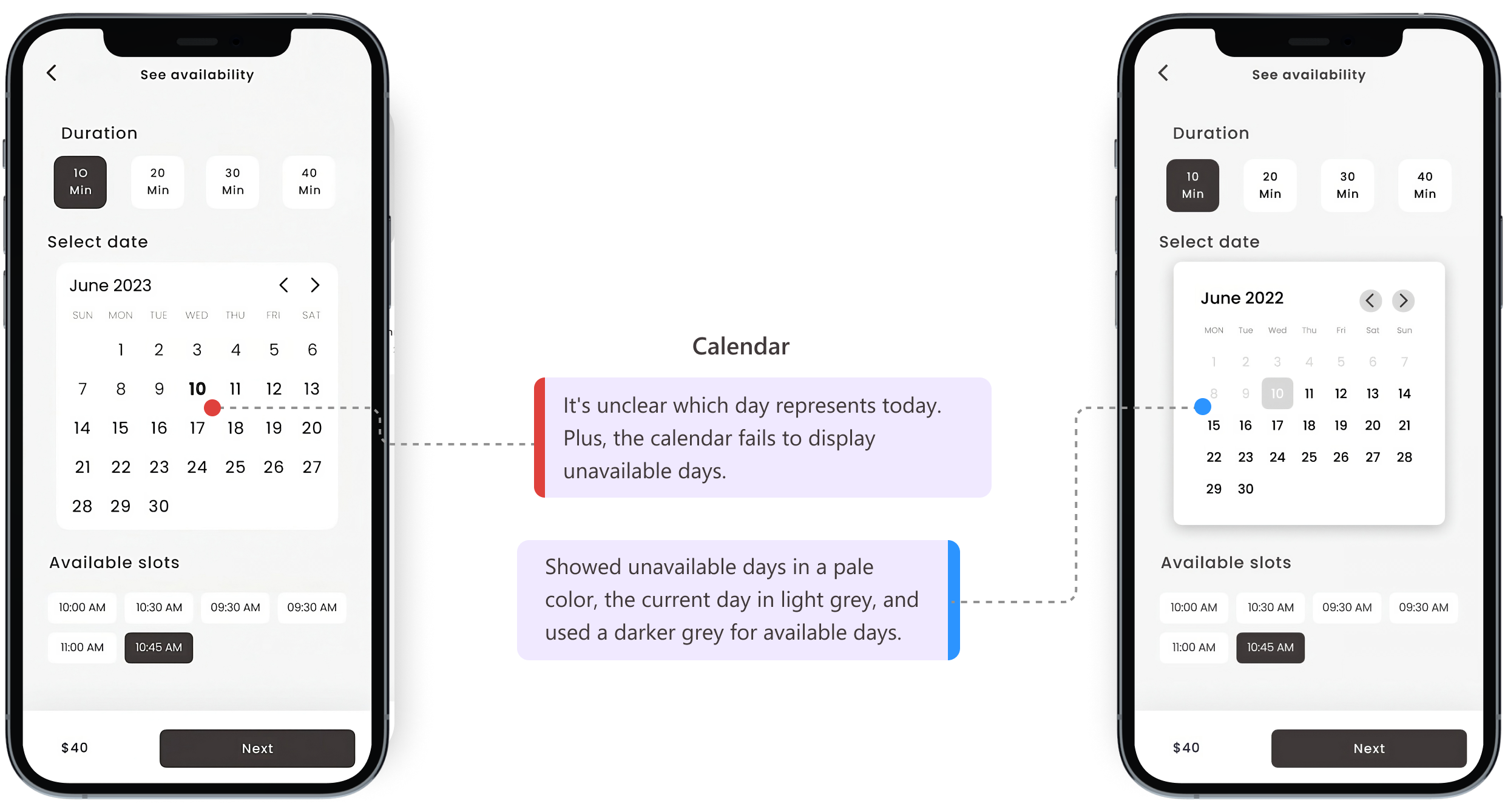 Before and after change to the booking calendar