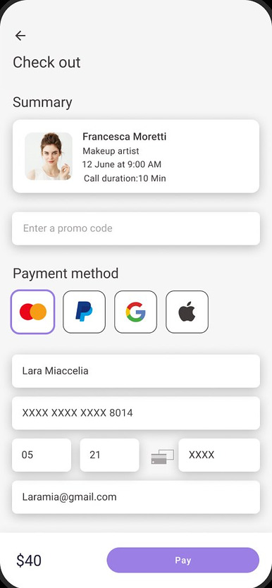 Checkout screen with summary and payment method