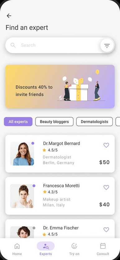 Find an expert screen with filters and expert list