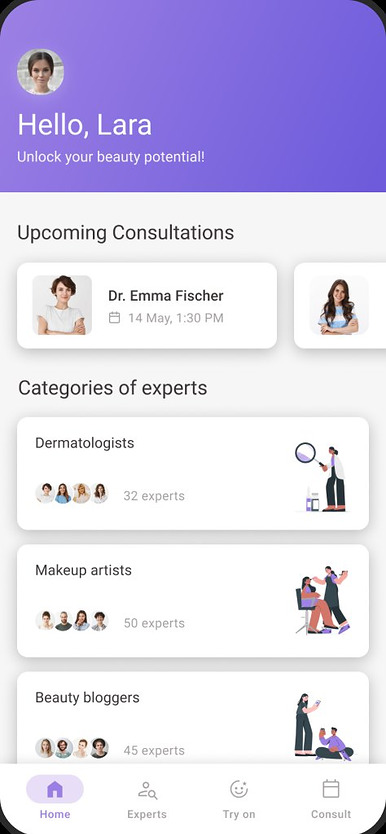 Home screen with upcoming consultations and expert categories