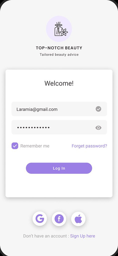 Login screen with email, password and social sign-in