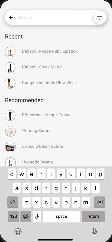 Product search with recent and recommended items