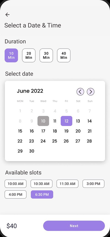 Select a date and time screen with duration and available slots