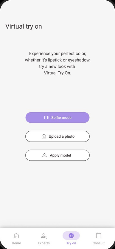 Virtual try-on start screen: selfie, upload or model