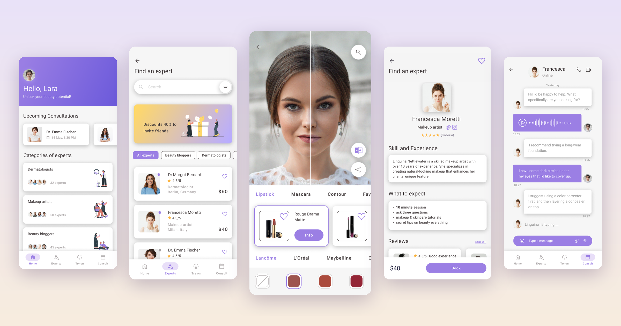 Five Top-notch Beauty screens: home with expert categories, find an expert, virtual makeup try-on, an expert profile, and a chat with a makeup artist