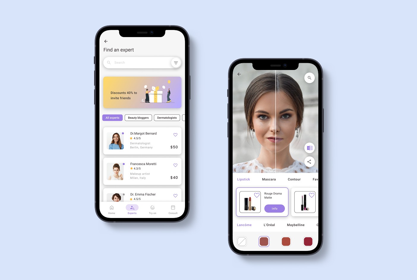 Top-notch Beauty app screens: find an expert and virtual makeup try-on